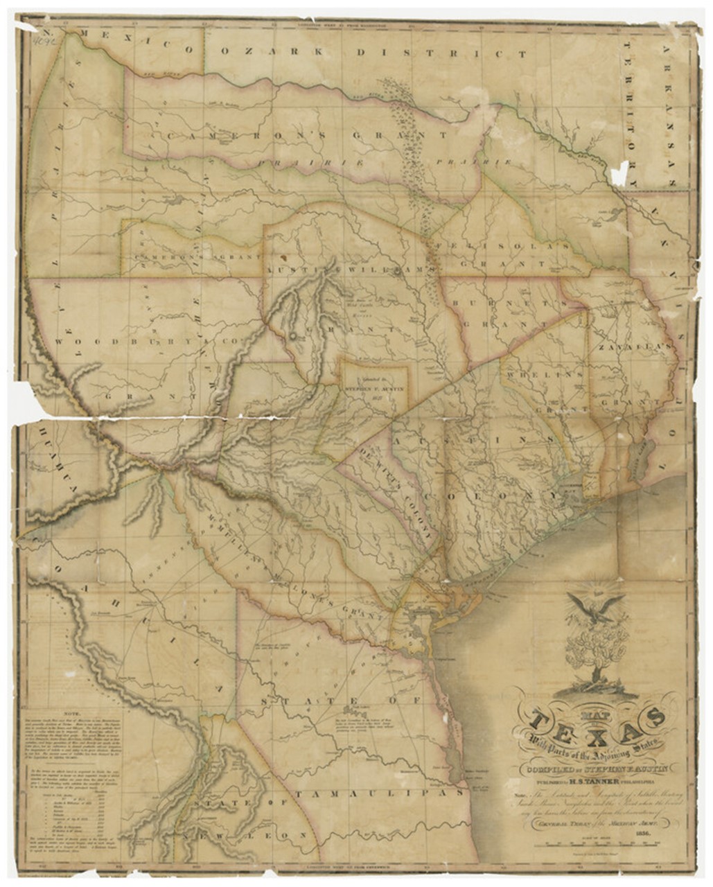 A weathered map of Texas from the 1830s