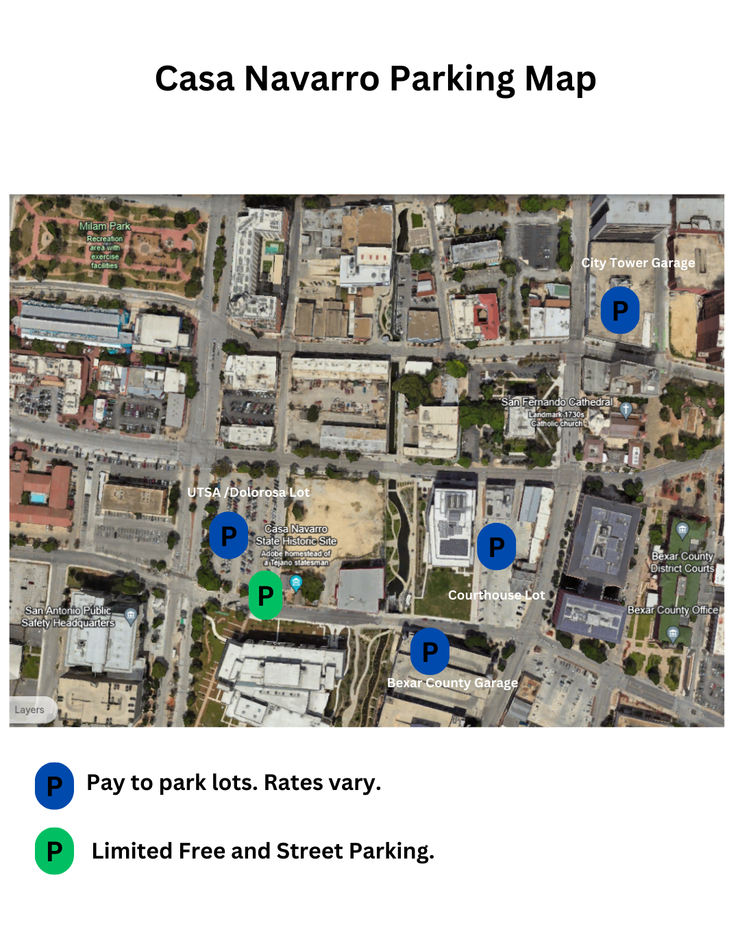 Map of parking areas for downtown San Antonio around Casa Navarro State Historic Site