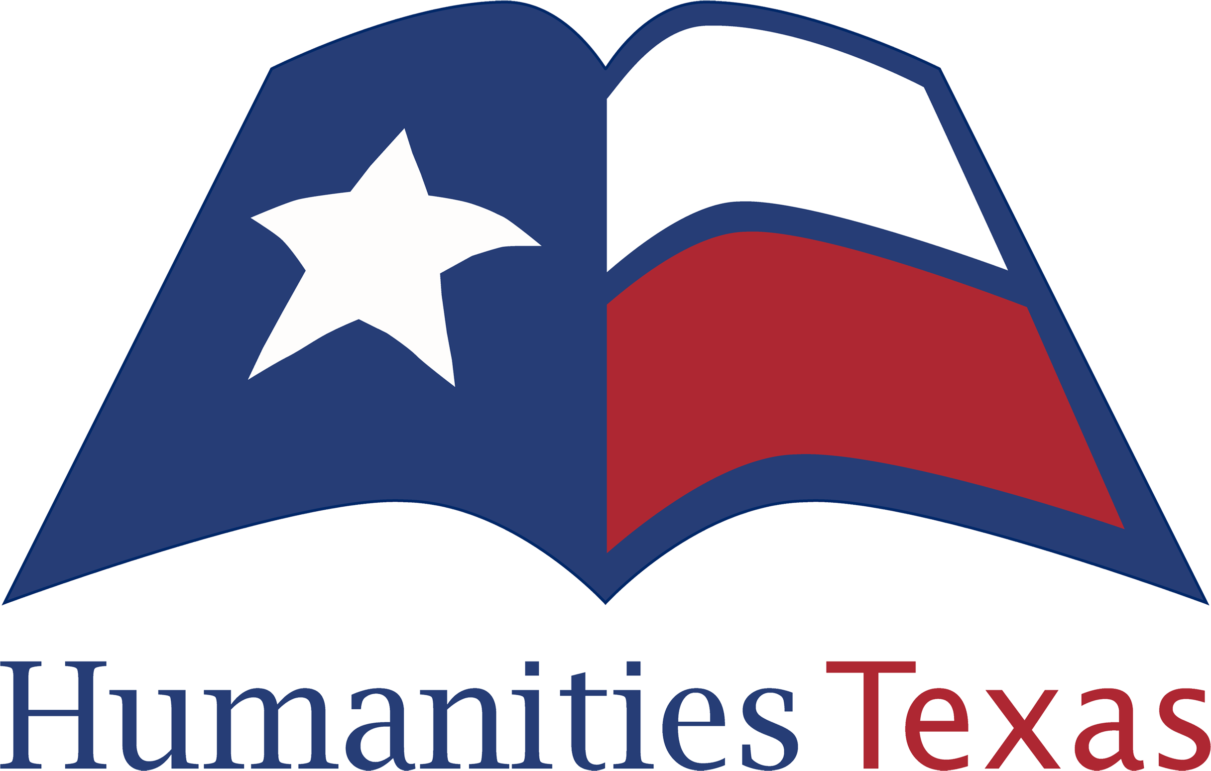 A logo that is an open book colored like the flag of Texas.