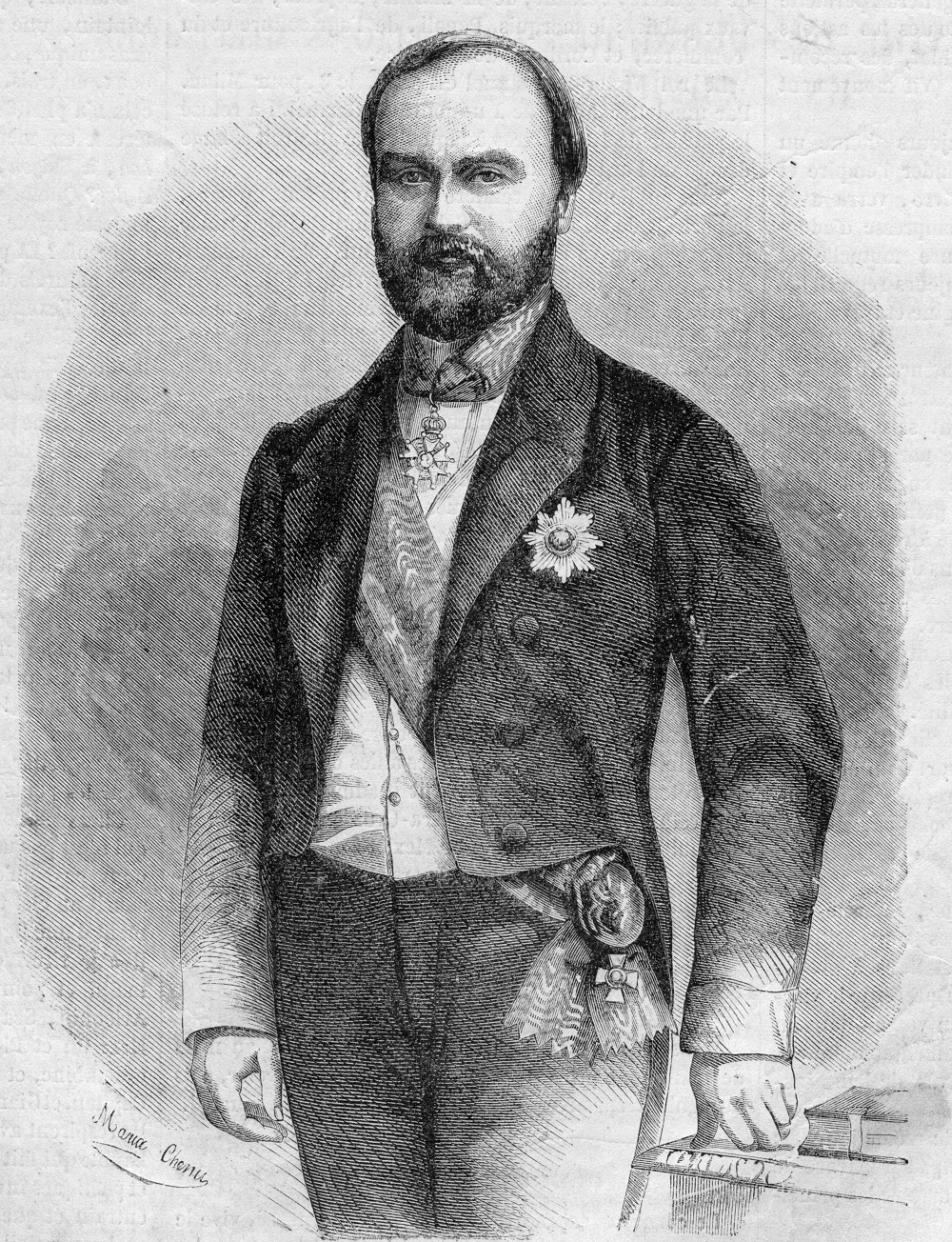 A historical black and white portrait of Dubois de Saligny wearing a beard and formal dress