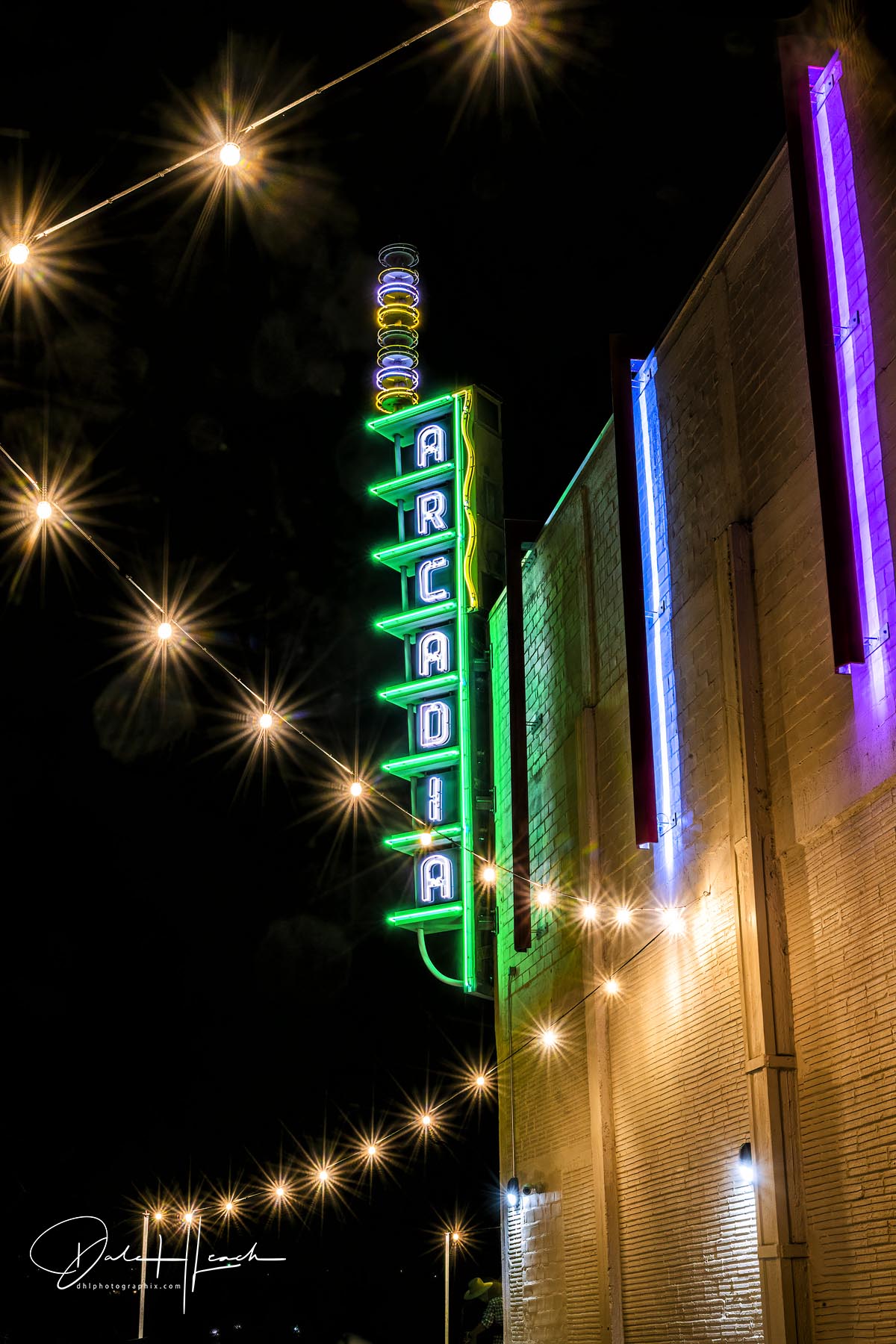 Neon vertical theater sign, "Arcadia," lit up in green and yellow at night