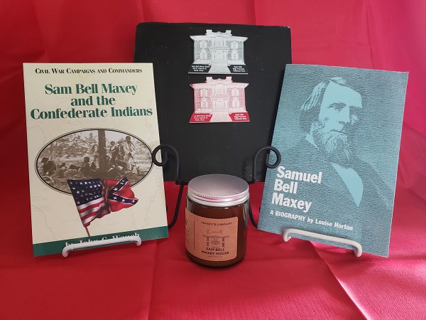 Sam Bell Maxey candle, magnets with house design, books: Maxey & the Conferedate Indians, Sam Bell Maxey bio