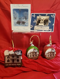 Two holiday cards, three ornaments