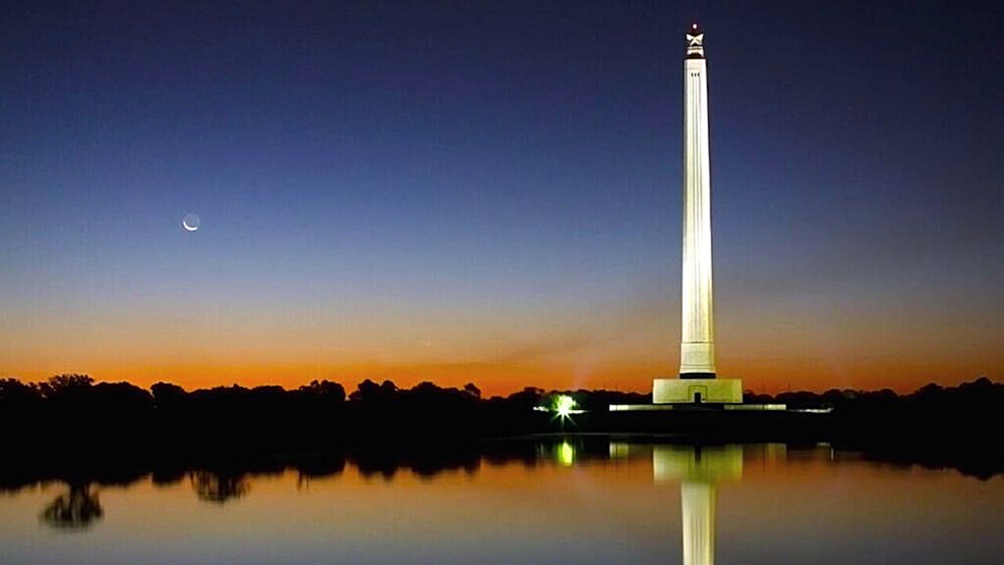 The San Jacinto white stone obelisk at night