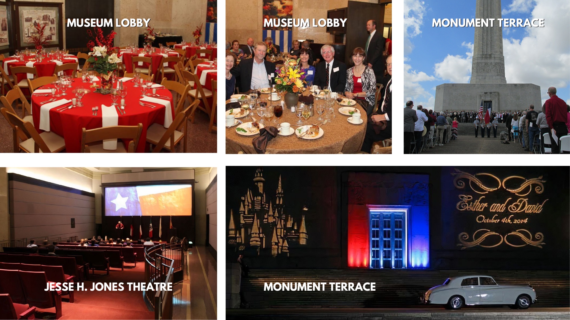 A collage photo of the San Jacinto Battleground and Museum's lobby, monument terrace, and theater