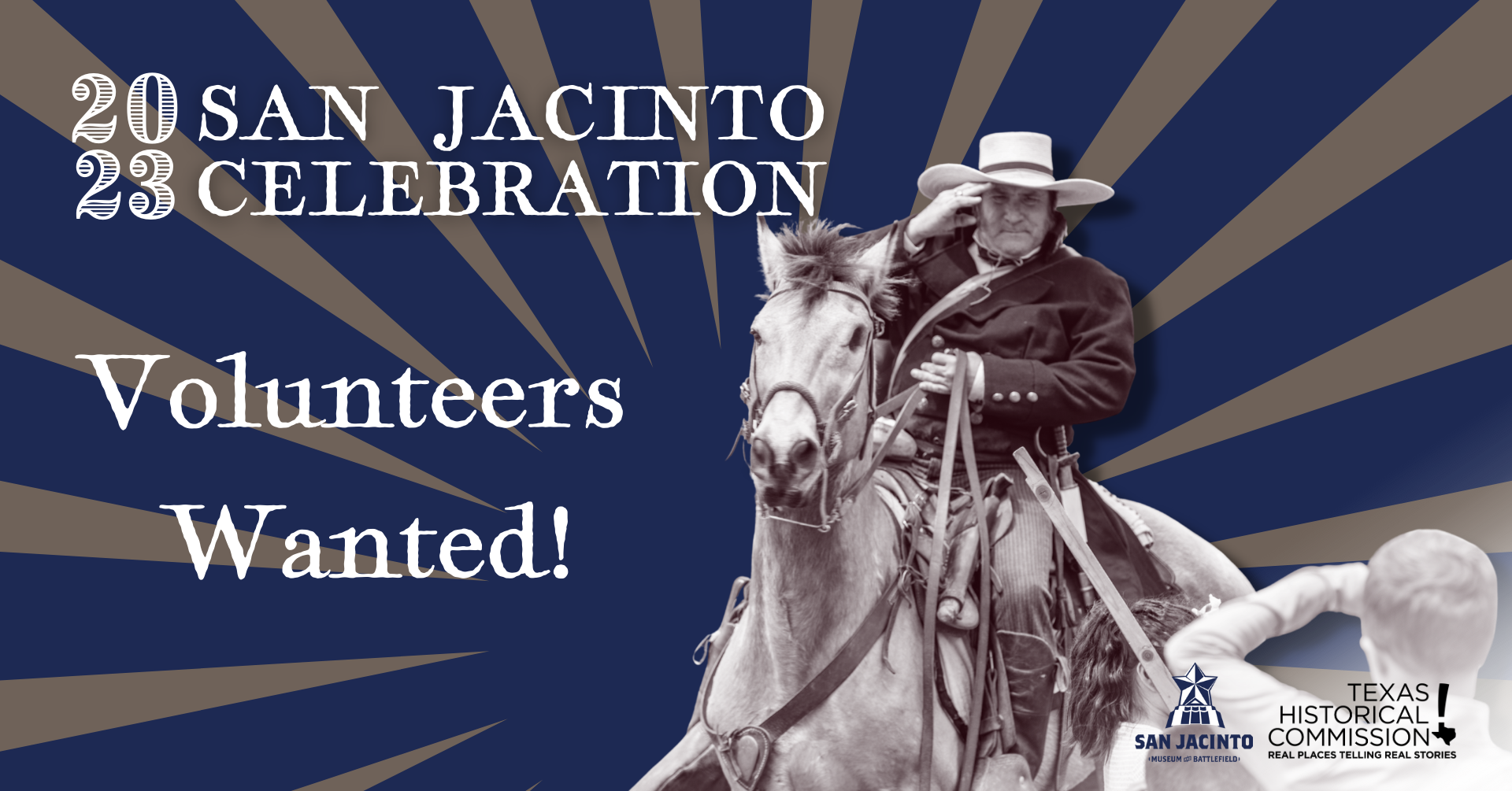 A promotional image requesting volunteers for San Jacinto Day