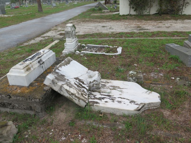 Gravestone in Rockport Cemetery damaged by Hurricane Harvey