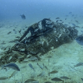 Underwater wreckage of an old aircraft cockpit