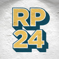 The letters R and P in gold, with the number 24 below it also in gold