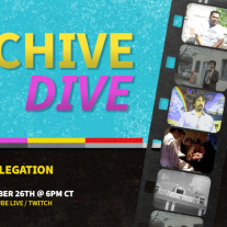 Graphic with teal background and text that reads "Archive Dive. The French Legation with Alan Garcia". Graphic features a film strip with five different images inside depicting archival footage of the French Legation and East Austin.