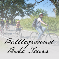 A family following a guide on a bike ride; text reads: Battleground Bike Tours