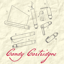 line drawing of the steps to make a bullet cartridge. Text reads: Candy Cartridges