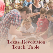 woman in 19th century clothing leans over a table to show children in modern clothes how to play a historic game. Text reads: Texas Revolution Touch Table