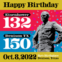 Happy Birthday event banner featuring the site's Eisenhower statue