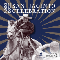 Graphic showing a young boy saluting a man on a horse. Text reads: San Jacinto Celebration 2023