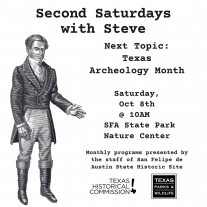 Promotional Flyer with Illstrated image of Stephen F. Austin listing the title, date, and location of the event