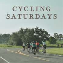 A peloton of cyclist on a road; text reads Cycling Saturdays