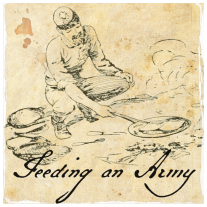 A line drawing showing a soldier cooking over a campfire. Text reads: Feeding an Army