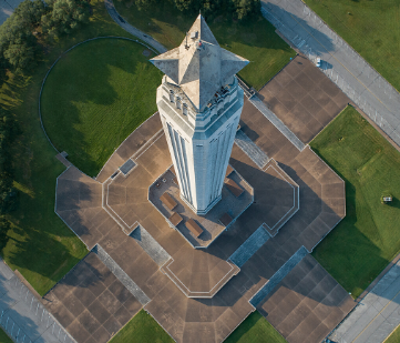 An aerial view of the San Jacinto Monument