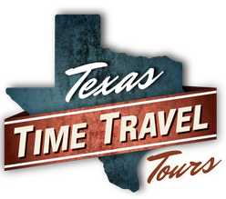 A blue Texas shape with a red banner reading Texas Time Travel Tours