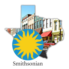 A yellow sunburst in a blue circle overlaid on top of a downtown scene within the shape of Texas